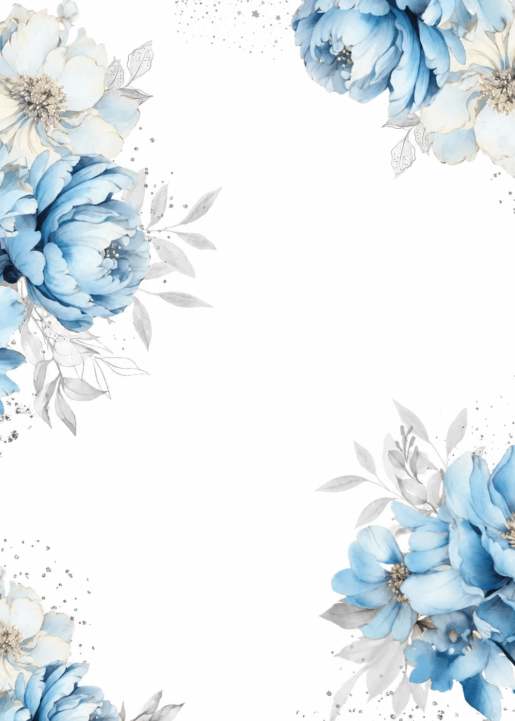 Watercolour blue flowers framing a white invitation